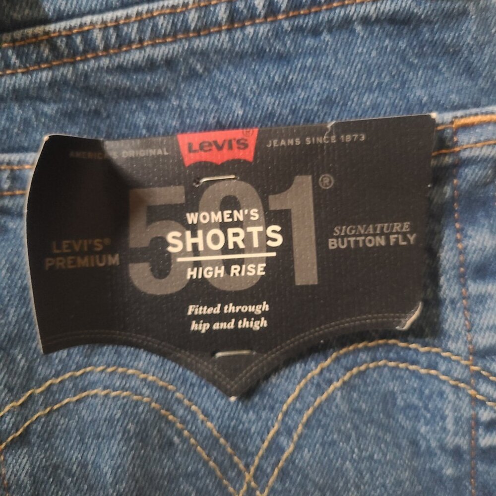 NWT Levi's Premium 501 Blue Denim High Rise Jean Shorts Distressed Style - Picture 3 of 5